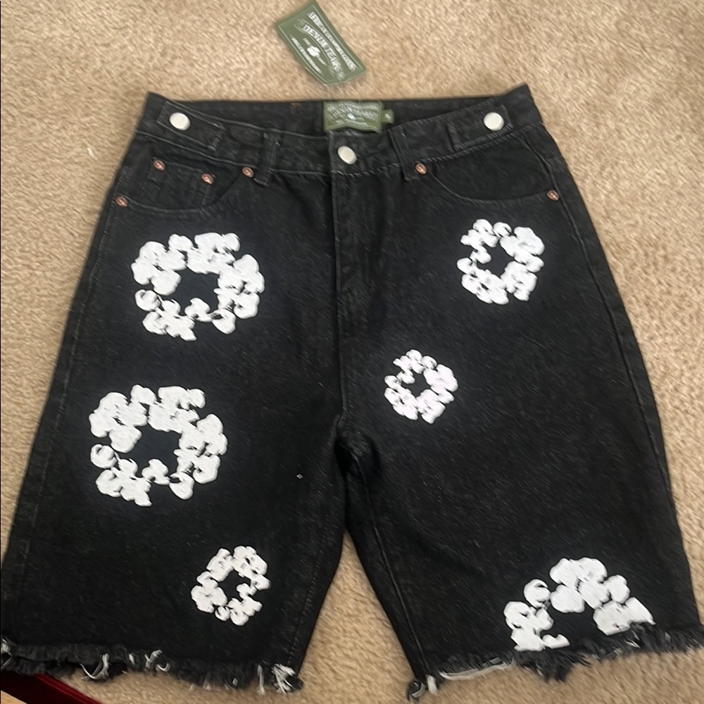 Men's Black Denim Shorts with White Floral Pattern